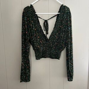 Windsor Floral Smocked Long Sleeve Crop Top | Deep V-Neck Open Back Tie | Size M